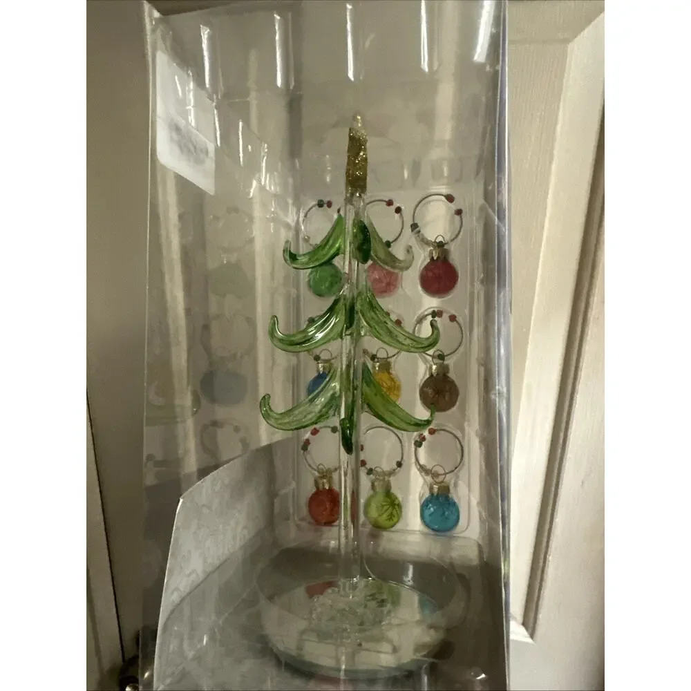 Crystal Handblown Glass Christmas Tree With Wine 9 Glass‎ Ornaments New In Box